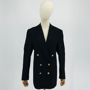 Vintage J. Peterman Wool Black Nautical Gold Crest Button Double Breasted Blazer